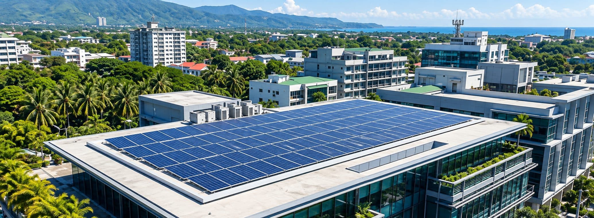 Solar panels installed on a rooftop with a city skyline behind them
